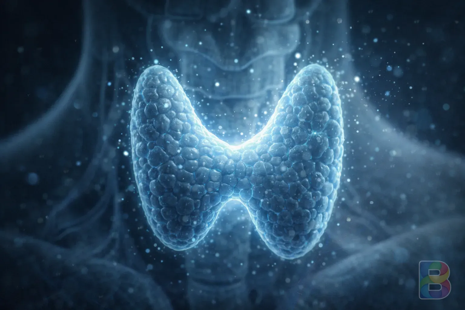 photorealistic, macro shot of a butterfly-shaped thyroid gland illustrated with soft blue light, clinical yet artistic representation, high detail, glowing particles