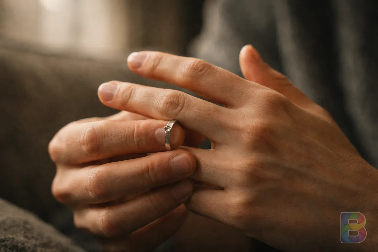 photorealistic, close-up of a person's hands trying to put on a ring that feels tight, focus on the fingers, soft indoor lighting, cinematic texture