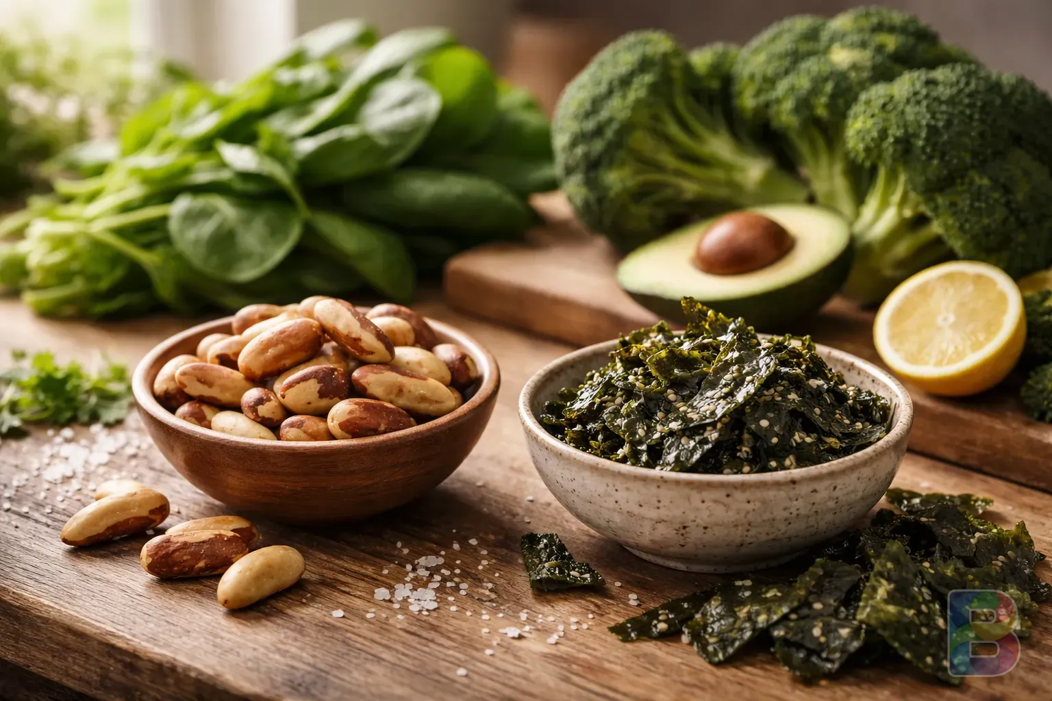 photorealistic, a wooden table with Brazil nuts, seaweed, and fresh green vegetables, high detail food photography, bright natural light, clean and healthy mood