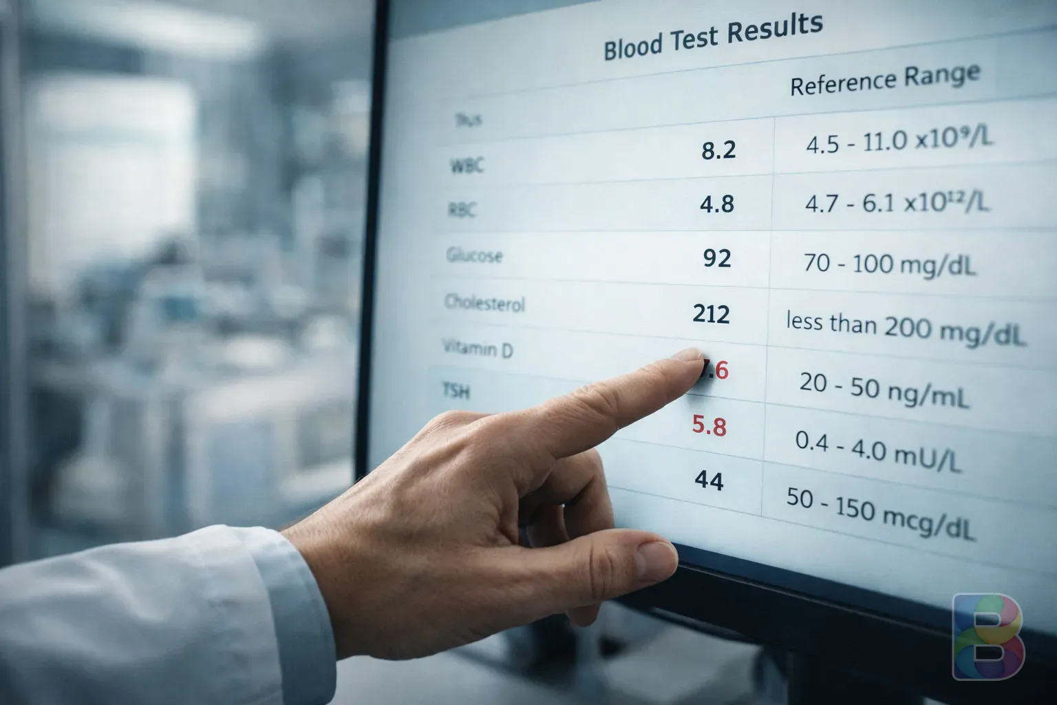 photorealistic, a doctor's hand pointing at a blood test result chart on a digital screen, modern clinic environment, professional and clear, shallow depth of field
