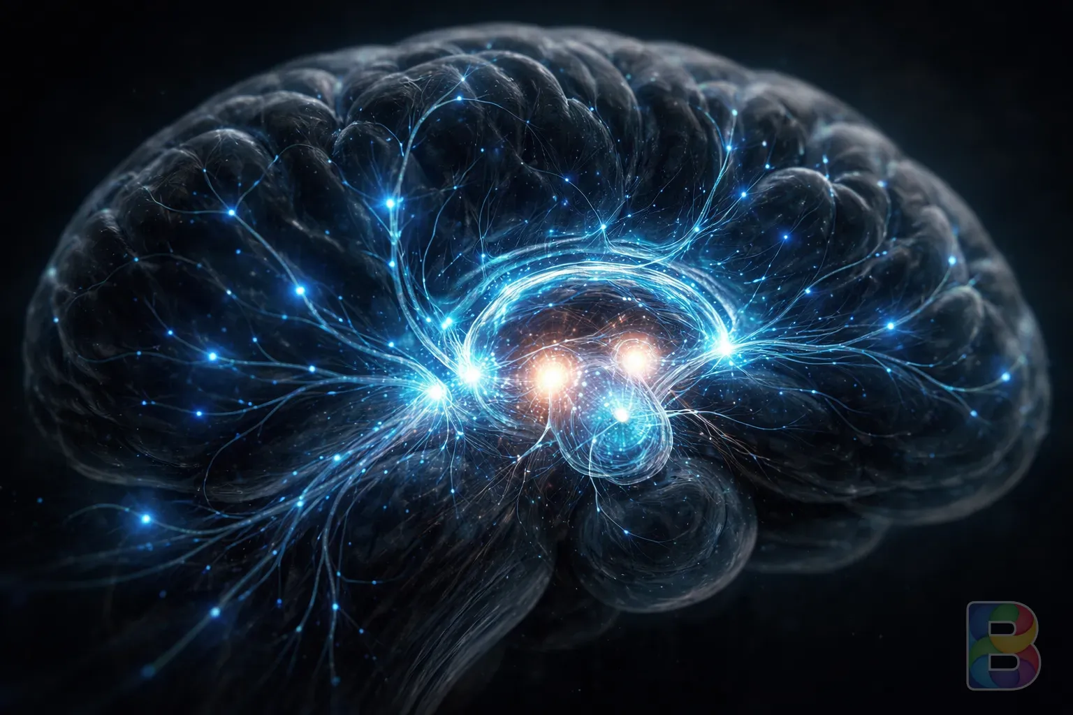 photorealistic, conceptual illustration of human brain neural pathways glowing with blue light, focus on the basal ganglia area, dark background, cinematic lighting