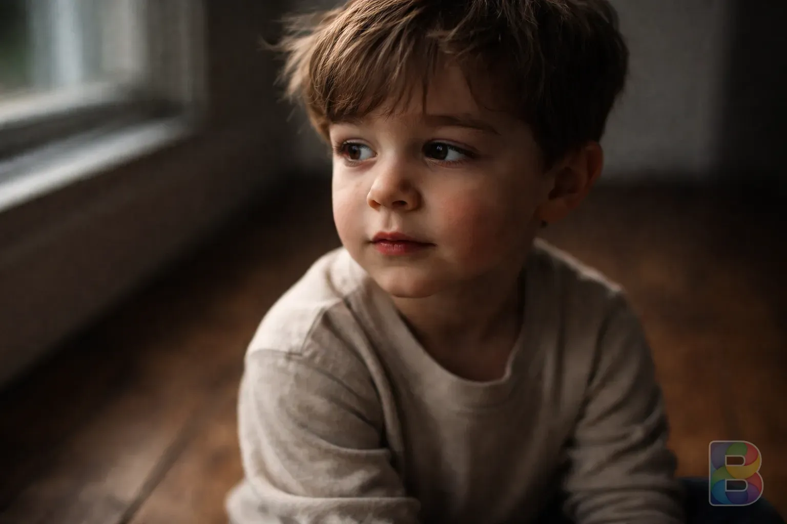 photorealistic, a young child sitting on a wooden floor looking slightly away, subtle repetitive facial movement captured in a soft focus, natural window light
