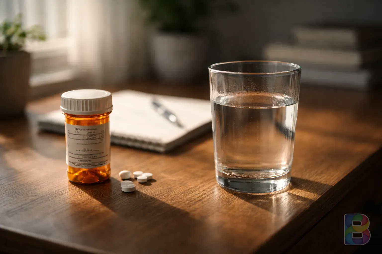 photorealistic, a wooden desk with a prescription bottle and a glass of water, soft morning sunlight, calm and medical atmosphere