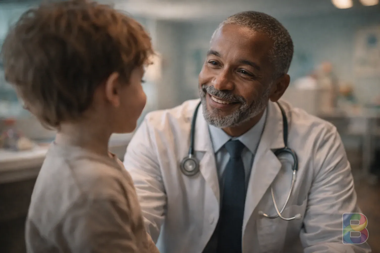photorealistic, a doctor smiling warmly at a young patient in a modern pediatric clinic, reassuring and professional lighting, shallow depth of field