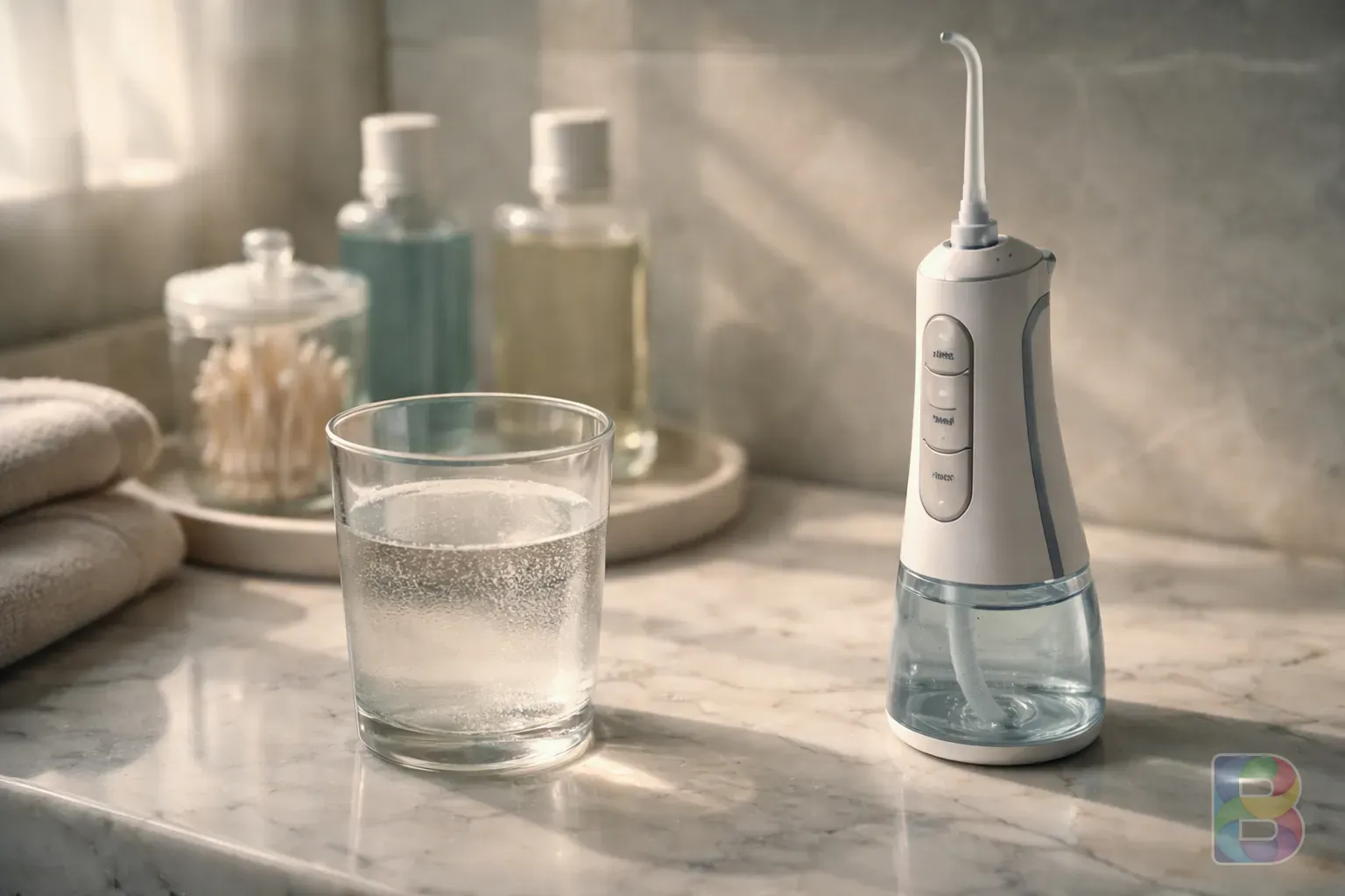 photorealistic, a glass of salt water and a gentle water flosser on a marble bathroom counter, soft natural light, clean and organized atmosphere