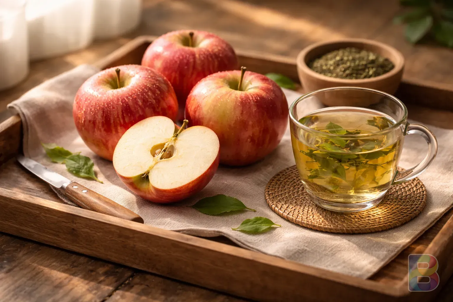 photorealistic, fresh crisp apples and green tea on a wooden tray, natural sunlight, healthy lifestyle vibe, high detail