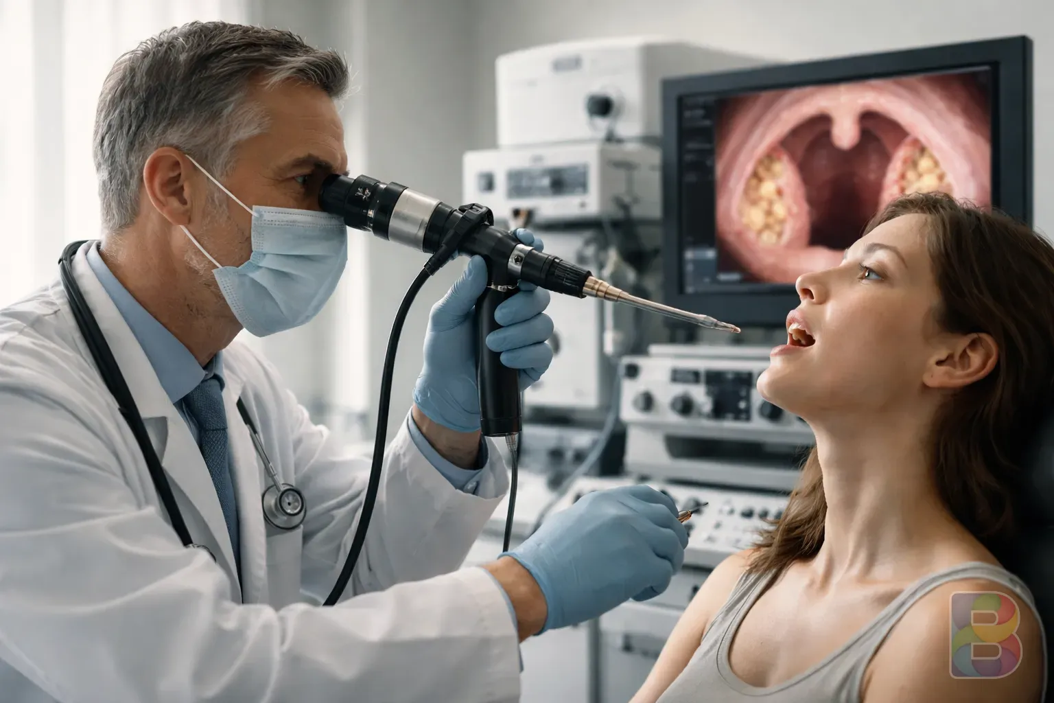 photorealistic, otolaryngologist using a medical scope in a modern clinic, professional medical equipment, reassuring clinical lighting