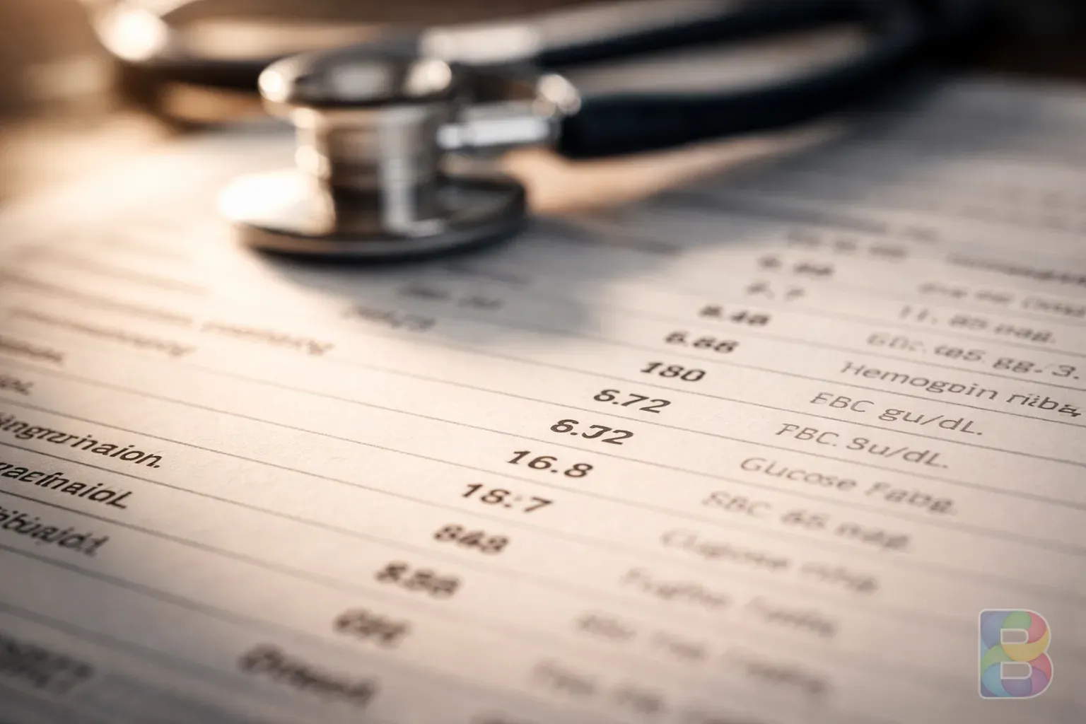 photorealistic, macro shot of a medical report showing numerical data with a stethoscope blurred in the background, warm natural light hitting the paper, professional atmosphere
