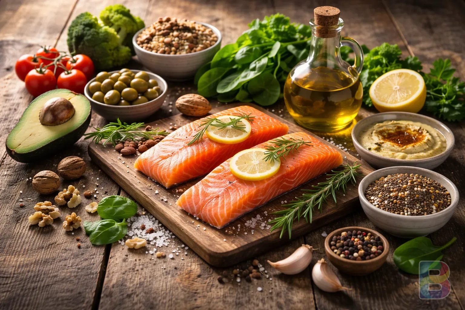 photorealistic, flat lay of healthy mediterranean diet ingredients, fresh salmon, avocado, nuts, olive oil, and leafy greens on a rustic wooden table, soft morning light