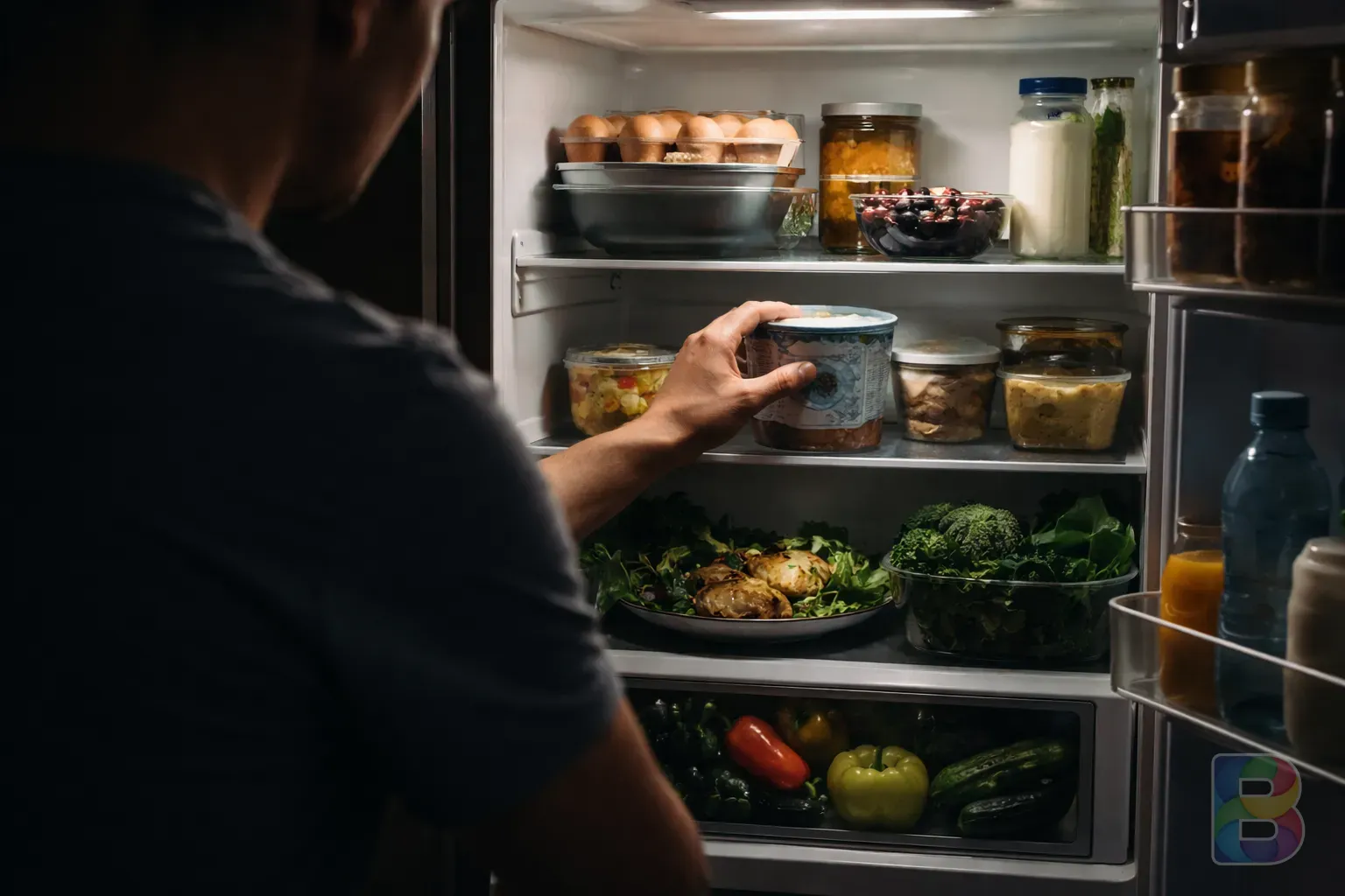 photorealistic, a person contemplating in front of a refrigerator at night, subtle moody lighting, focus on the hand reaching for a healthy option, cinematic look