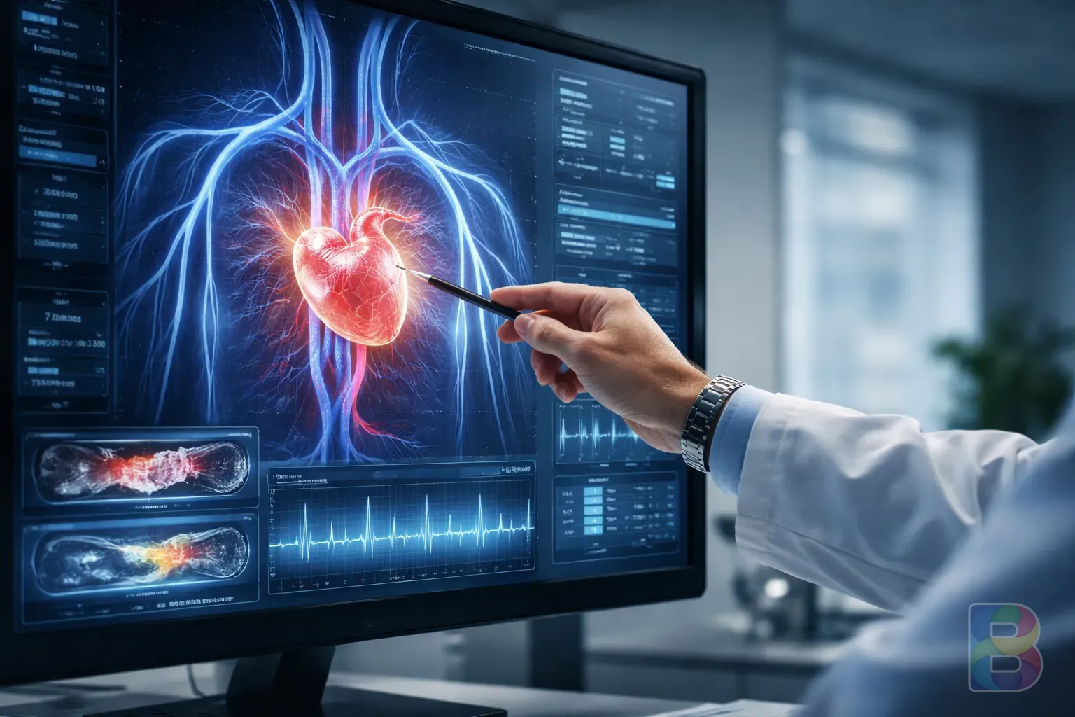 photorealistic, close-up of a doctor pointing at a digital monitor showing cardiovascular system, clinical environment, professional and reassuring lighting