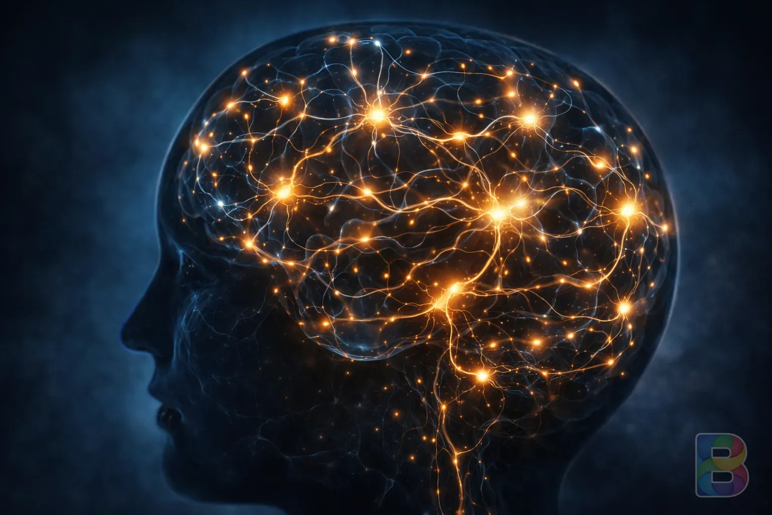 photorealistic, close-up of a brain silhouette showing glowing neurotransmitter pathways, cinematic lighting, blue and gold tones, high detail