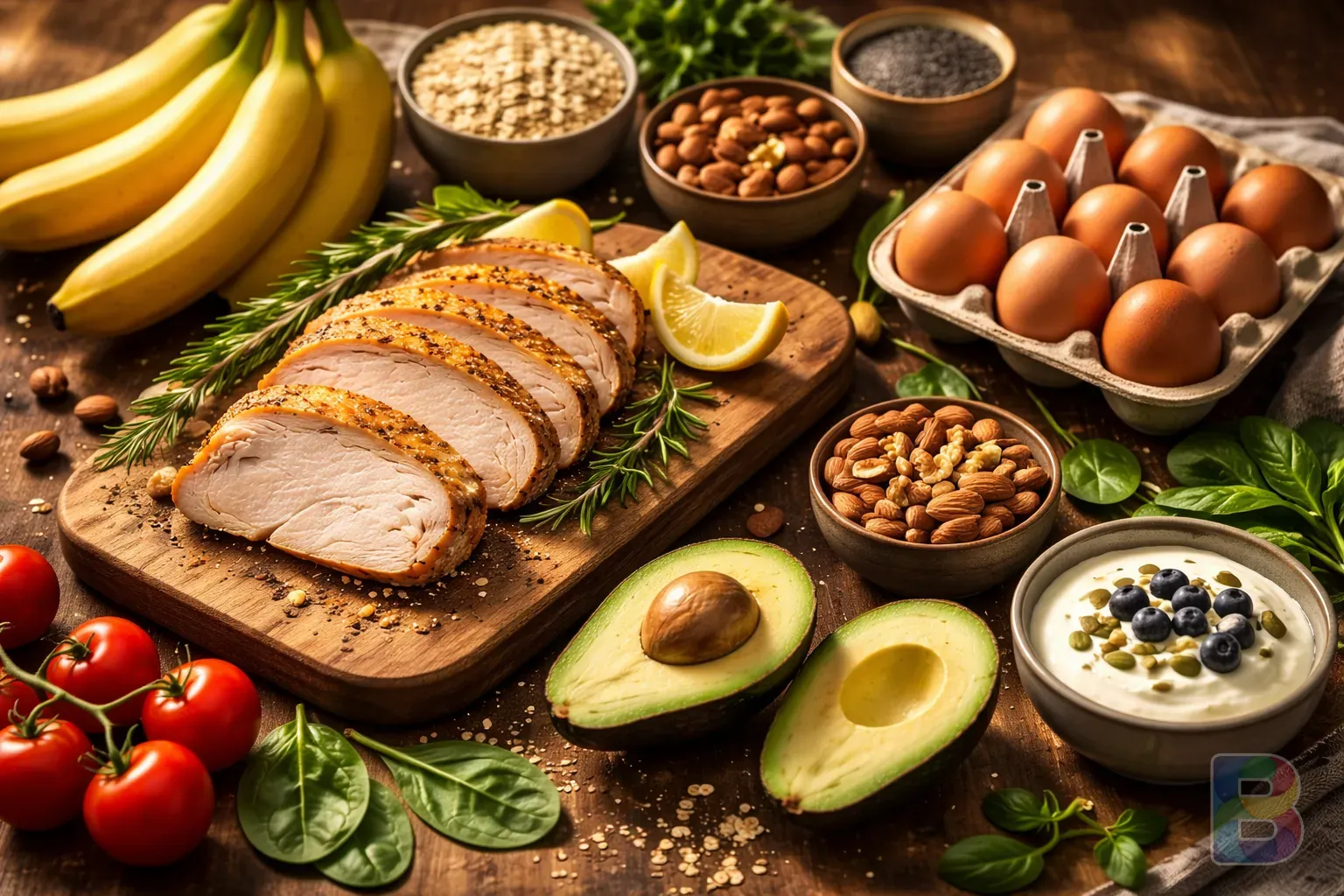 photorealistic, a collage of healthy foods like turkey, bananas, eggs, and nuts arranged artfully, natural sunlight, vibrant colors, cinematic food photography