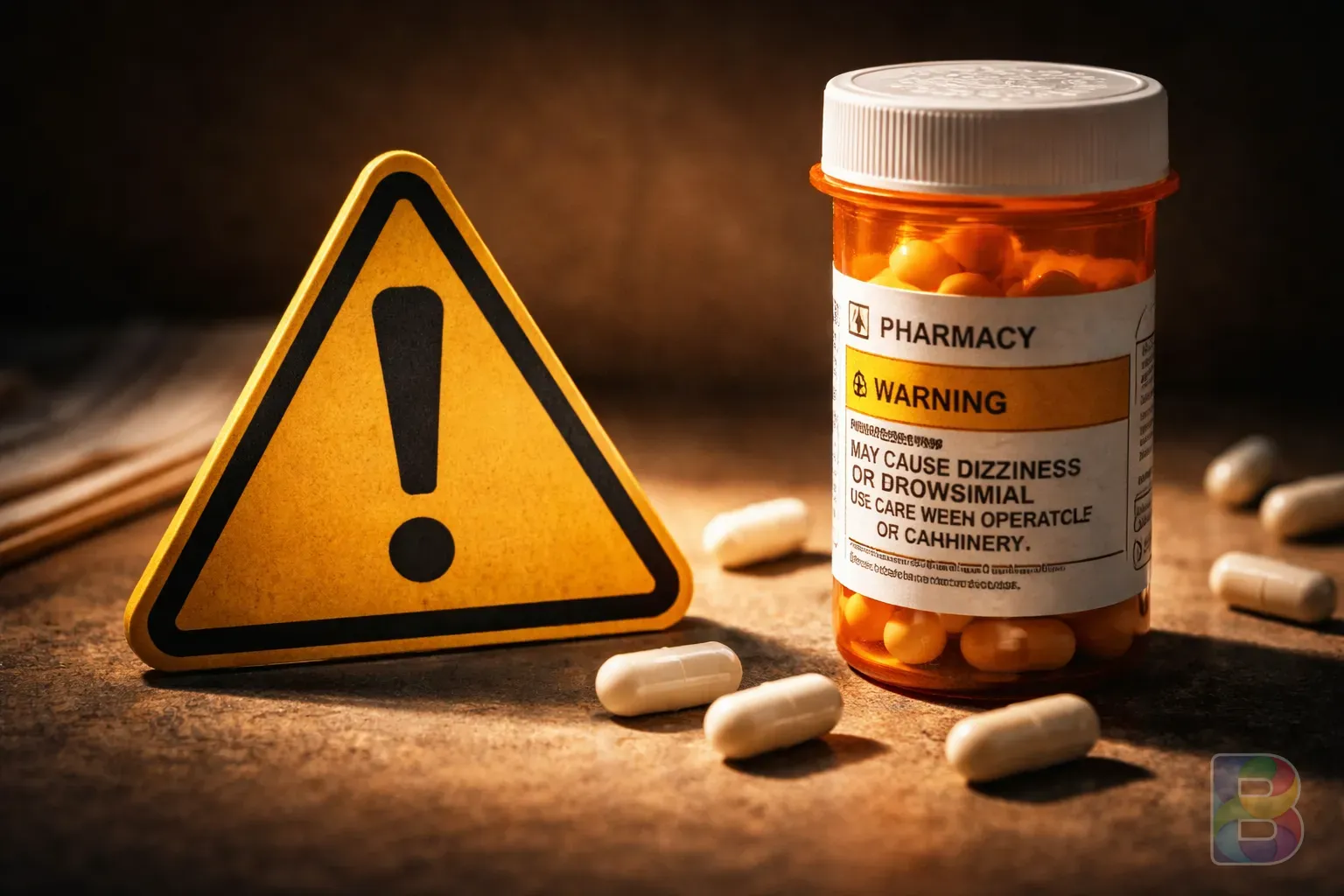 photorealistic, a warning sign next to a prescription pill bottle, dramatic lighting, sharp focus on the label, cautionary mood