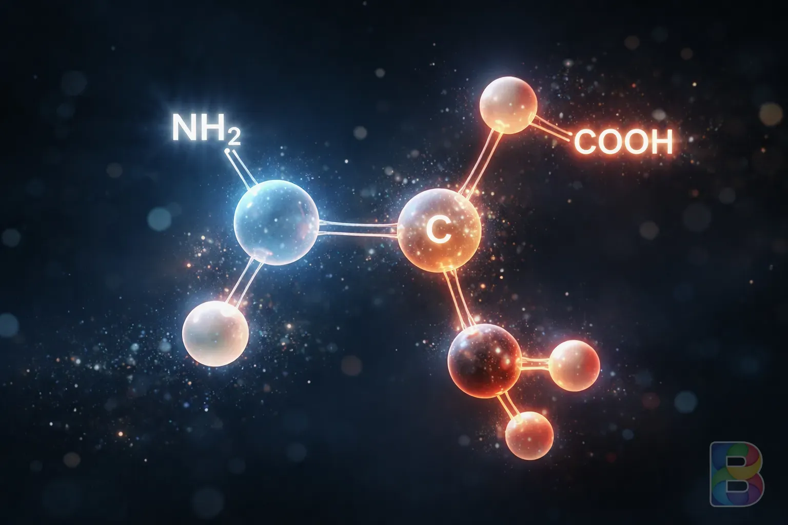 photorealistic, macro shot of amino acid molecular structure representation glowing softly in a deep blue space, cinematic lighting, scientific but artistic vibe