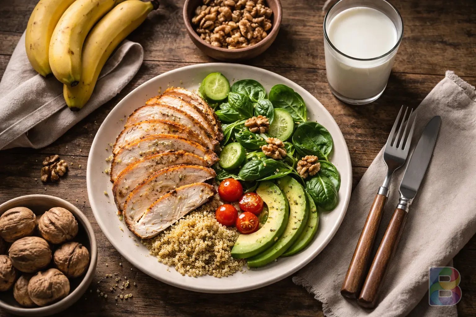 photorealistic, top-down shot of a healthy meal including roasted turkey, bananas, walnuts, and a glass of milk on a rustic wooden table, soft natural light, warm and inviting atmosphere
