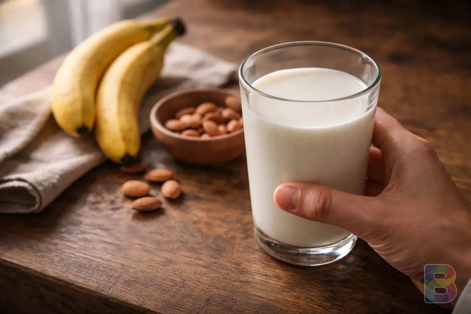 photorealistic, detail shot of a hand holding a clear glass of milk with a banana and a few almonds on the side, soft morning light, cinematic lighting