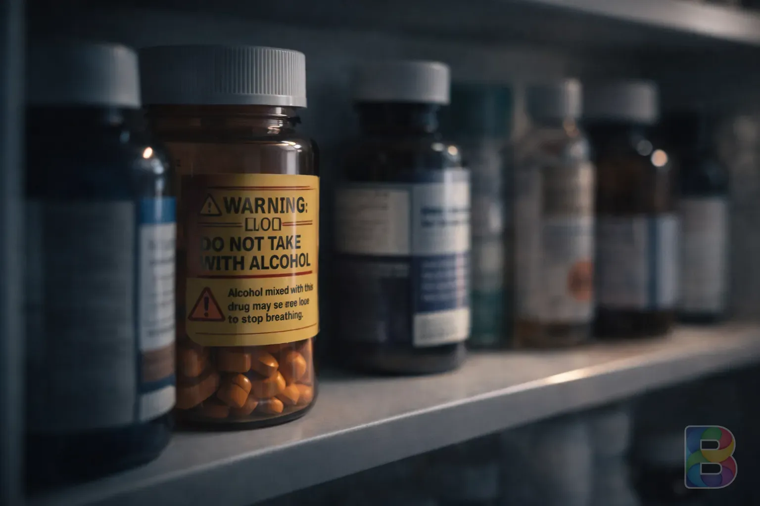 photorealistic, a medicine cabinet with various bottles, one bottle in focus with a warning label, moody lighting, sharp focus on the warning