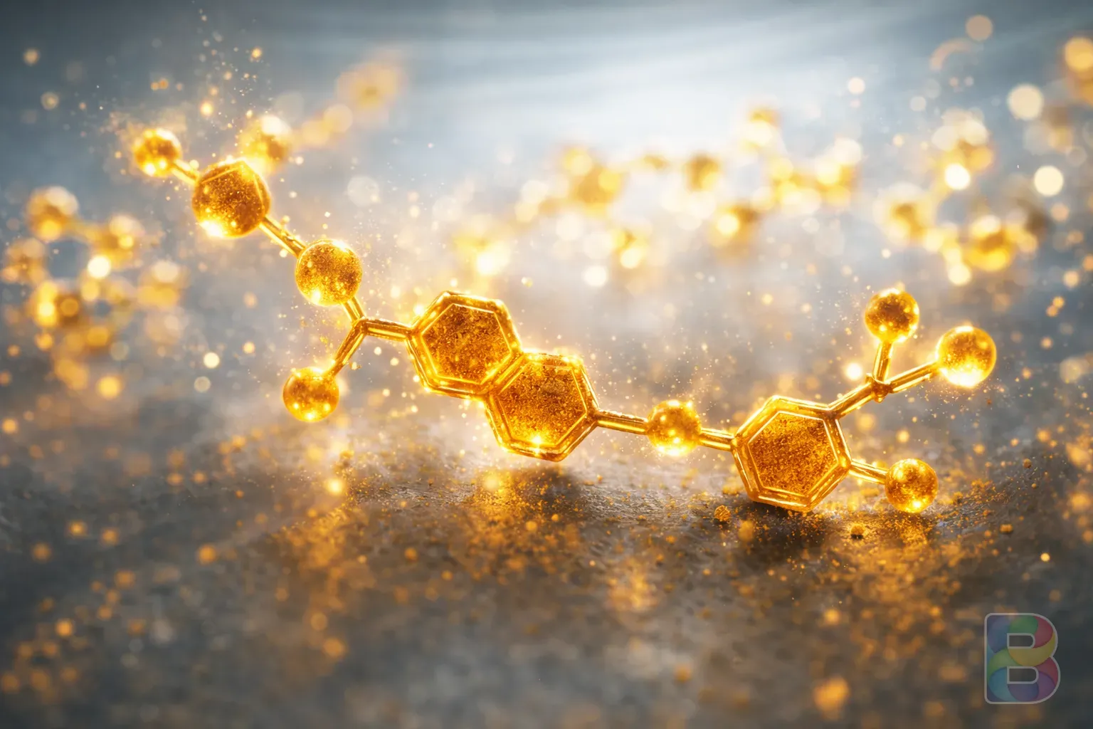 photorealistic, macro shot of turmeric curcumin molecules stylized as glowing golden particles, clean scientific background, soft light