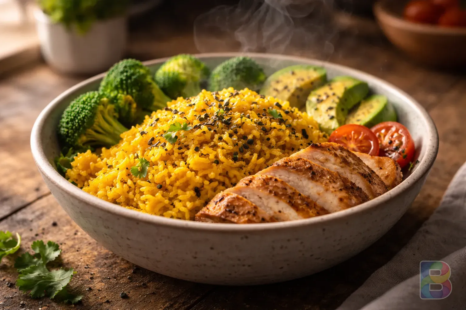 photorealistic, a healthy meal with turmeric rice in a bowl, steam rising, black pepper sprinkle visible, warm kitchen atmosphere, high detail