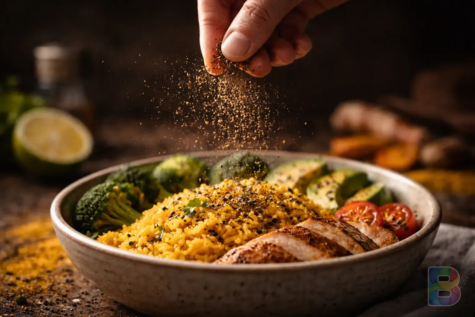 photorealistic, a hand sprinkling black pepper onto a dish featuring turmeric, artistic motion blur, golden spices, dark background
