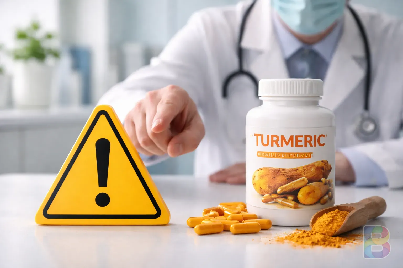 photorealistic, a medical professional pointing at a warning sign near a bottle of turmeric supplements, clean clinical setting, focus on safety