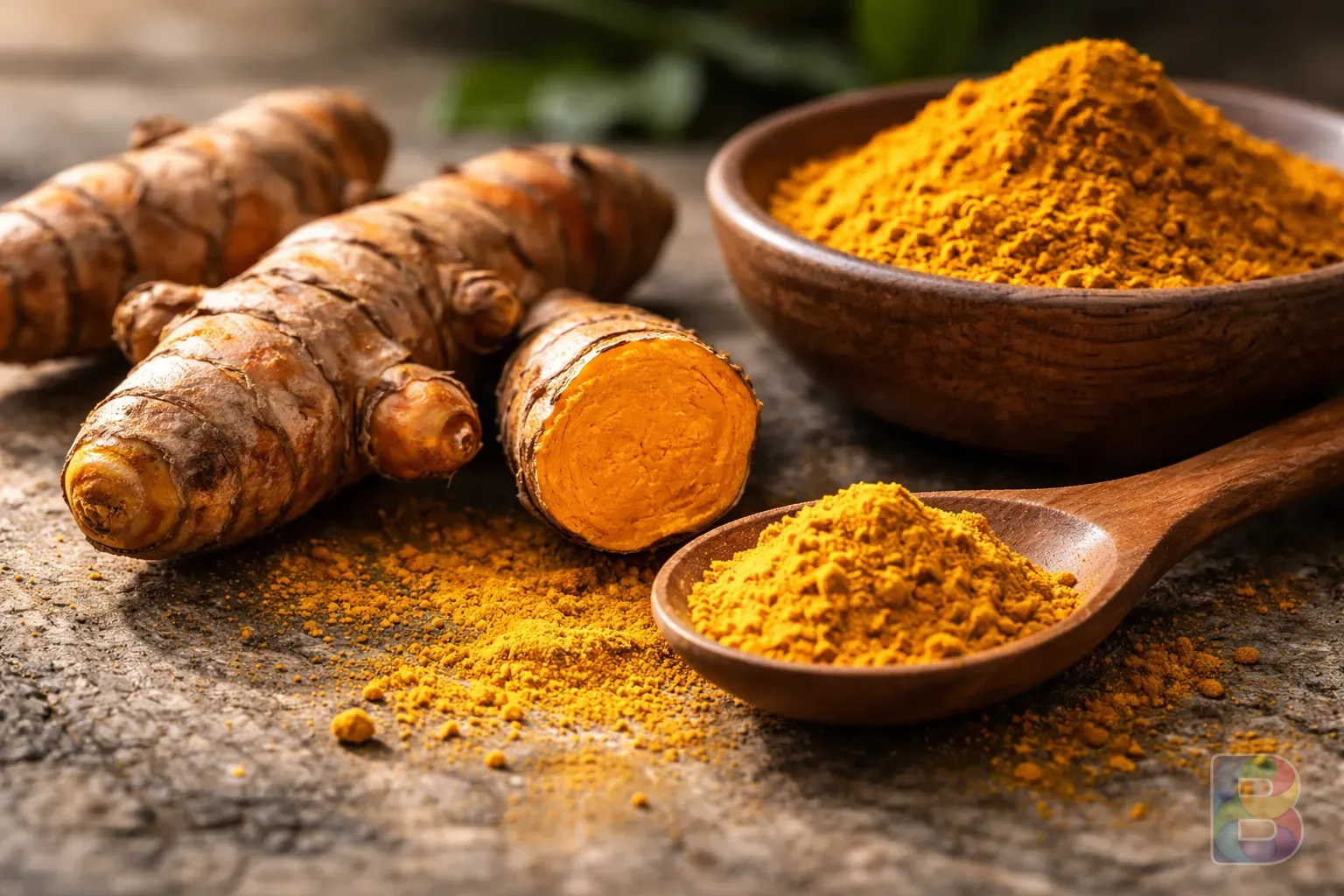 photorealistic, detail shot of raw turmeric root and fine yellow powder on a rustic stone surface, natural soft sunlight, macro photography, high texture