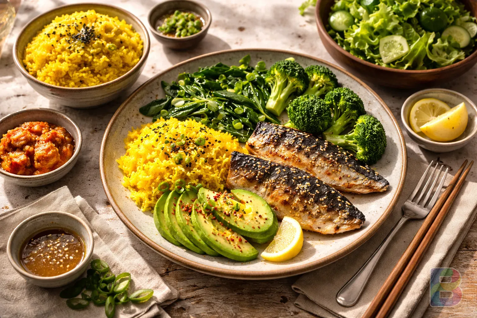 photorealistic, top-down view of a healthy meal including turmeric rice, green vegetables, and grilled fish, bright and airy kitchen setting, cinematic lighting
