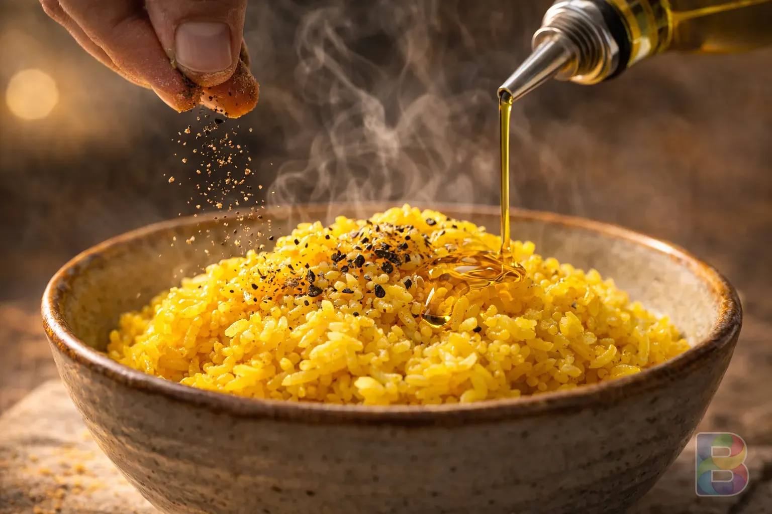 photorealistic, close-up of adding a pinch of black pepper and a drop of olive oil to golden turmeric rice, steam rising, high detail, warm tones