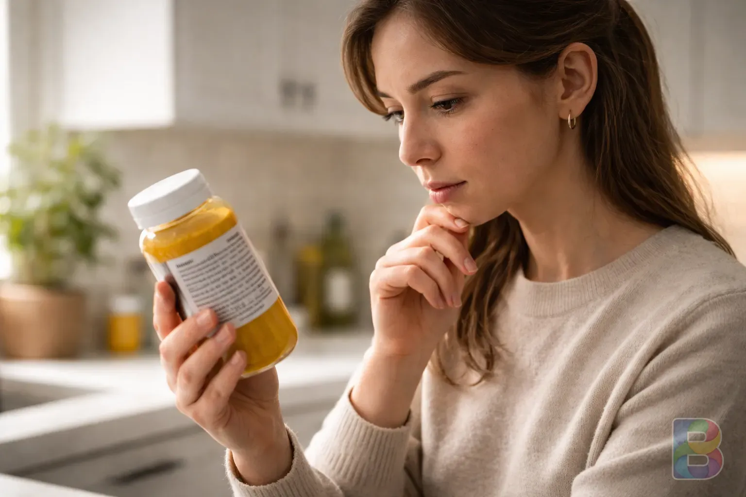 photorealistic, a person reading a label on a turmeric powder bottle carefully, looking focused and cautious, soft indoor lighting, clinical and clean mood