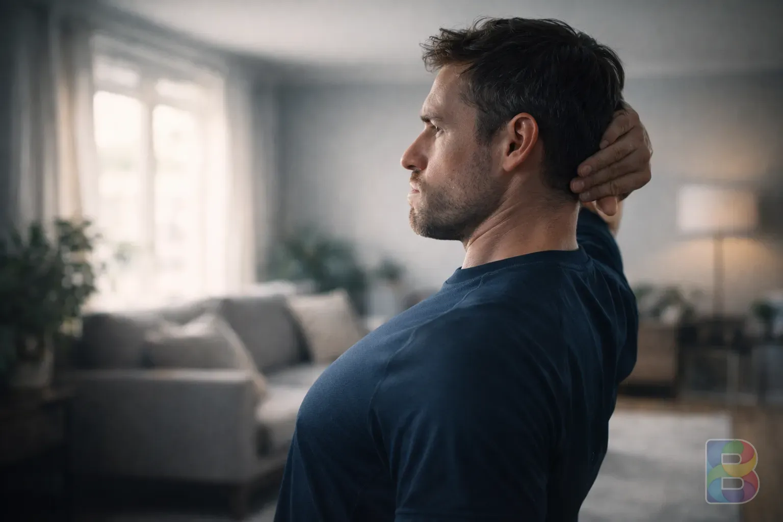 photorealistic, a person performing a chin tuck exercise in a brightly lit modern living room, athletic wear, side view, focus on neck alignment, cinematic lighting
