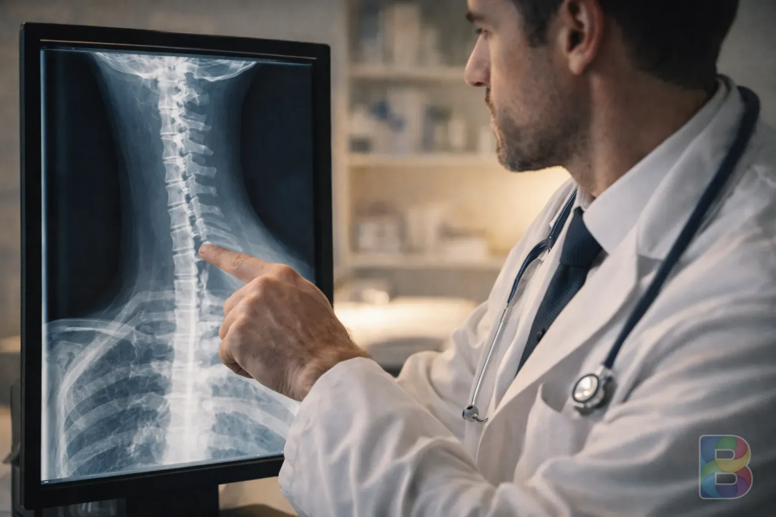 photorealistic, doctor in white coat pointing at a neck X-ray showing a straight cervical spine, clinical office setting, soft professional lighting
