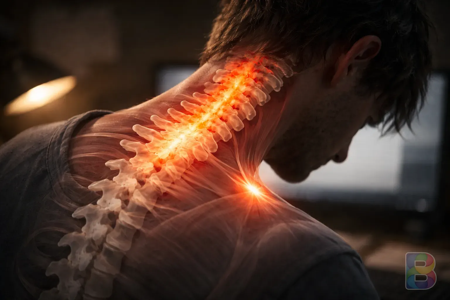 photorealistic, anatomical 3D render of a human cervical spine showing forward head posture, glowing stress points, cinematic lighting, medical visualization