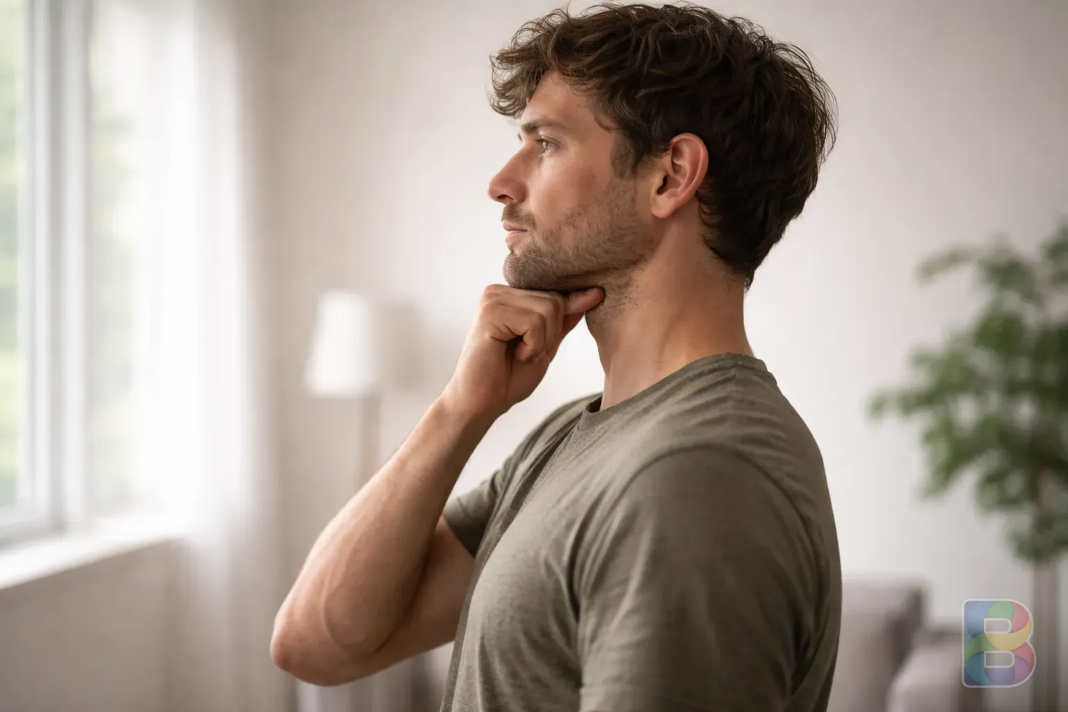 photorealistic, a person performing a chin-tuck stretch in a bright minimal room, side profile, clear demonstration of correct posture, soft natural light