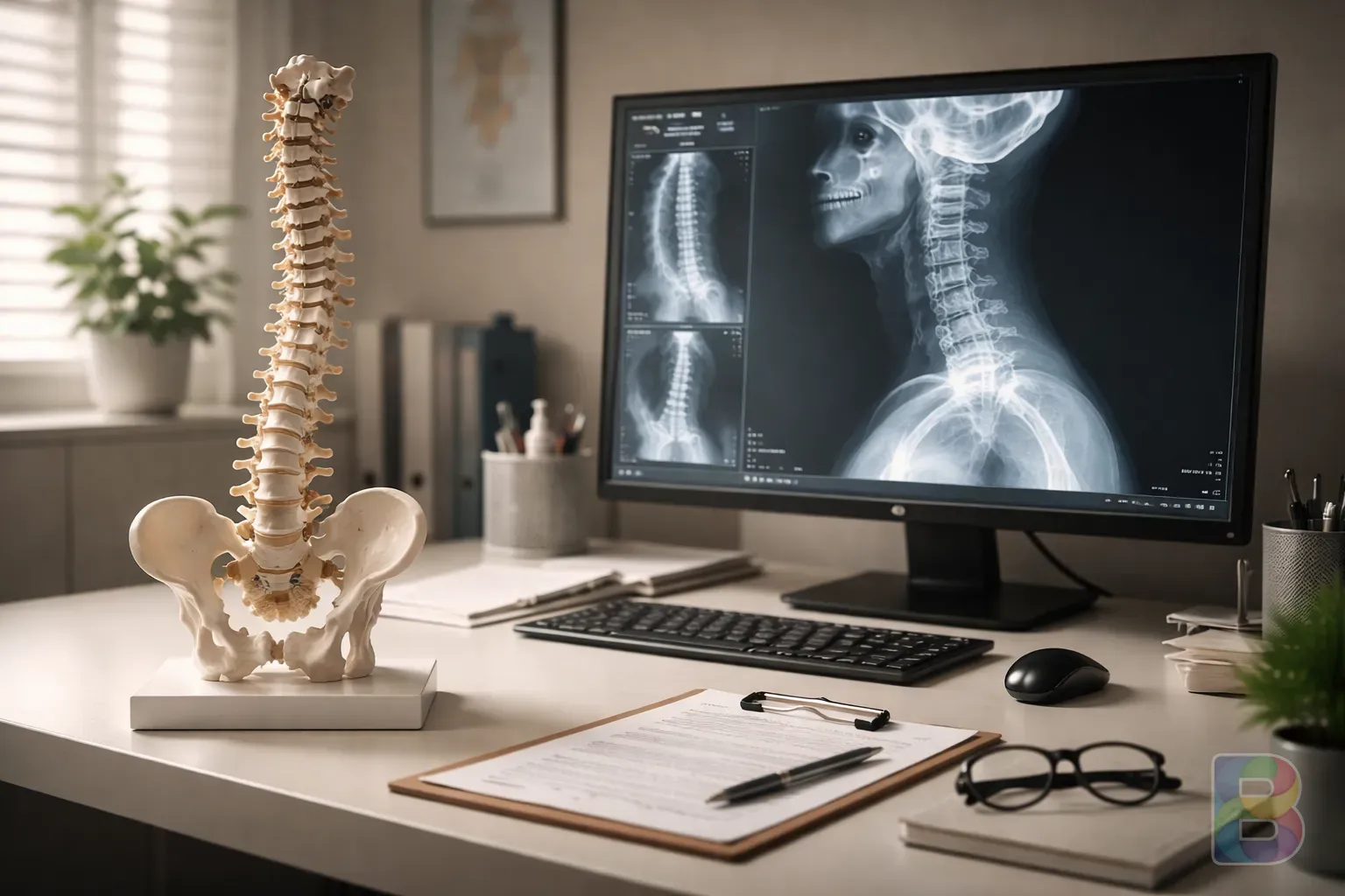 photorealistic, a doctor's office with a spine model and a digital monitor showing an X-ray, professional and clean medical environment, cinematic lighting