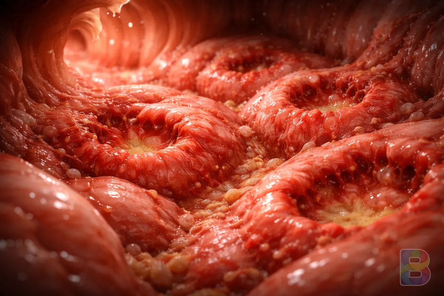 photorealistic, microscopic view of inflamed intestinal lining showing redness and ulceration, medical illustration style, cinematic lighting, high resolution