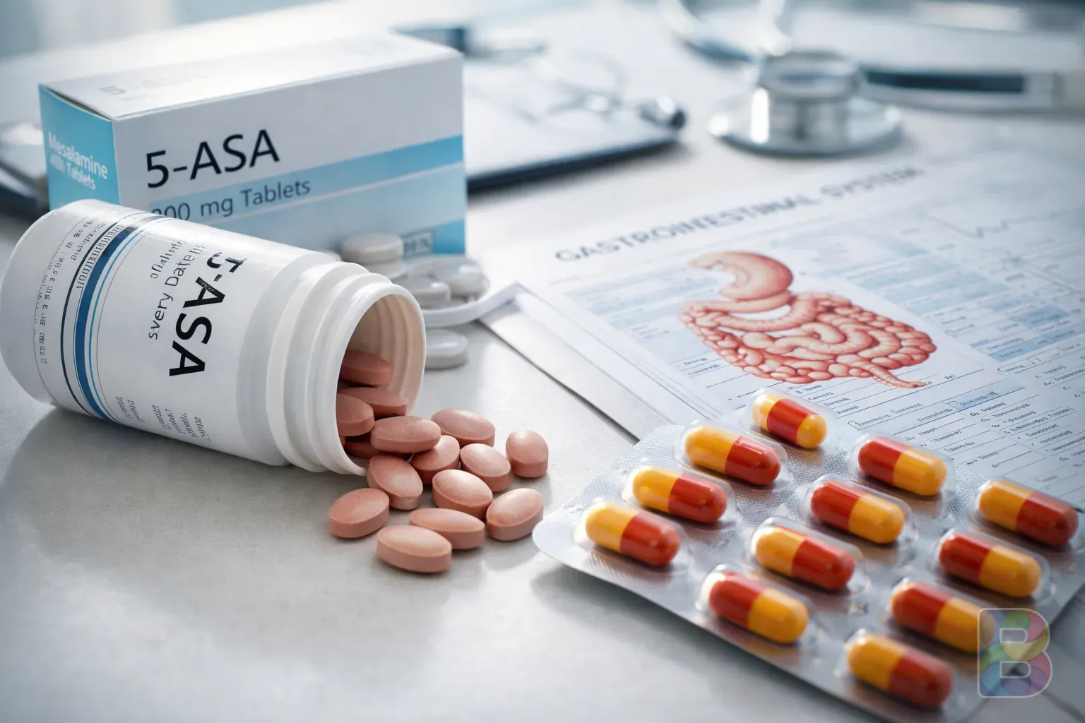 photorealistic, a close-up of various gastrointestinal medications like 5-ASA tablets and a medical chart, clean clinical setting, soft natural light