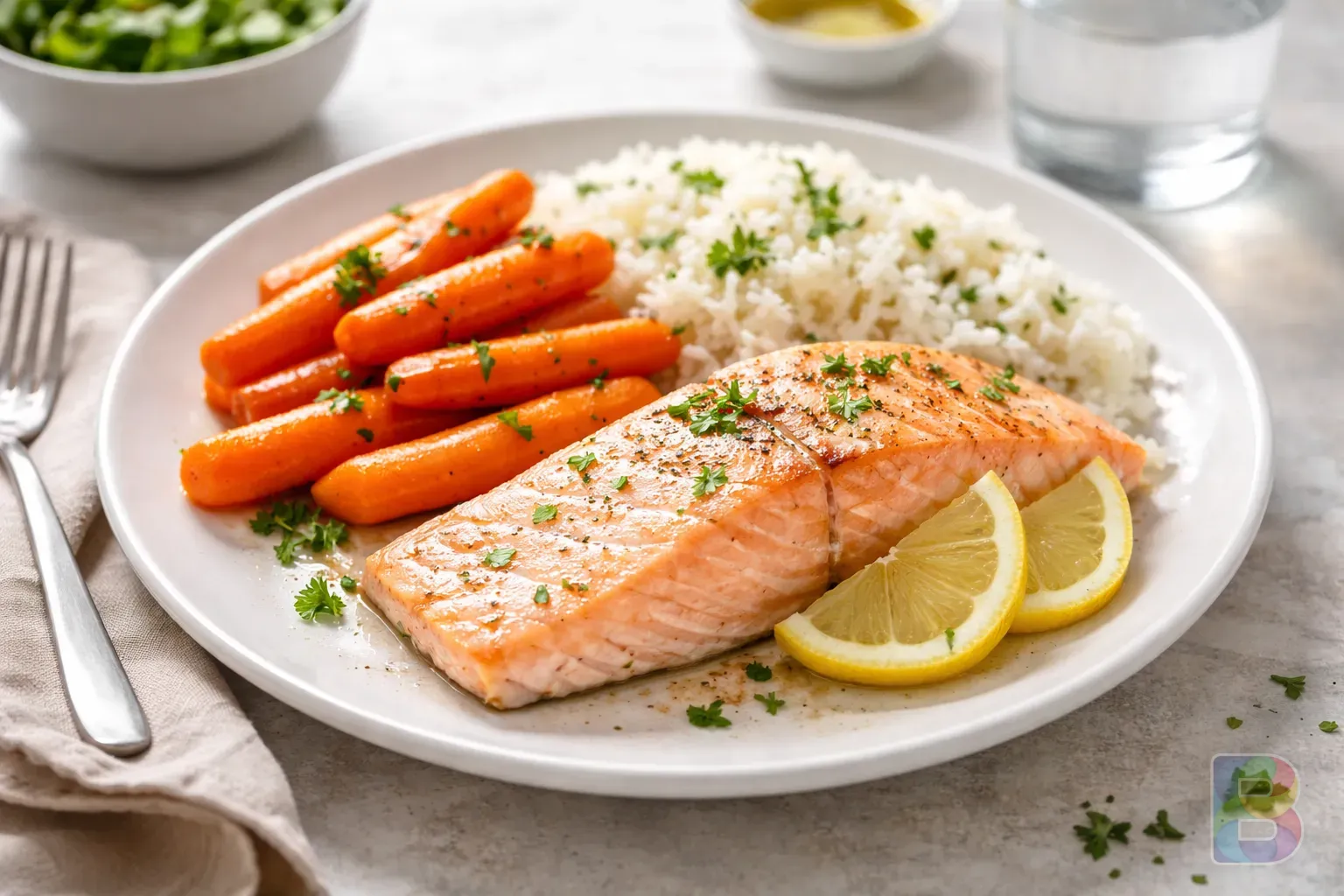 photorealistic, a clean white plate with steamed salmon, boiled carrots, and white rice, high detail food photography, bright soft natural light