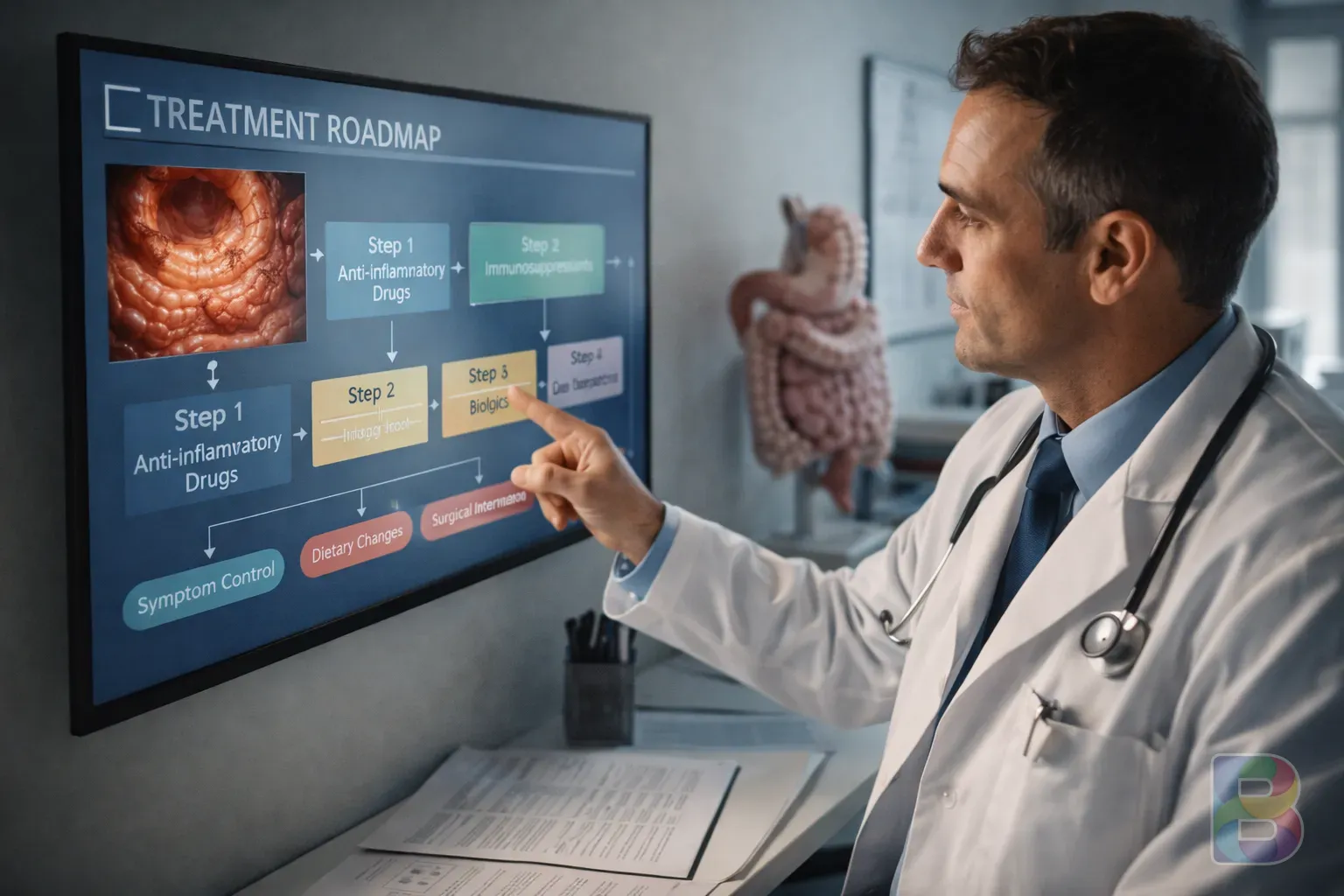 photorealistic, a professional gastroenterologist pointing at a digital screen showing a roadmap for treatment, clinical setting, reassuring and expert atmosphere