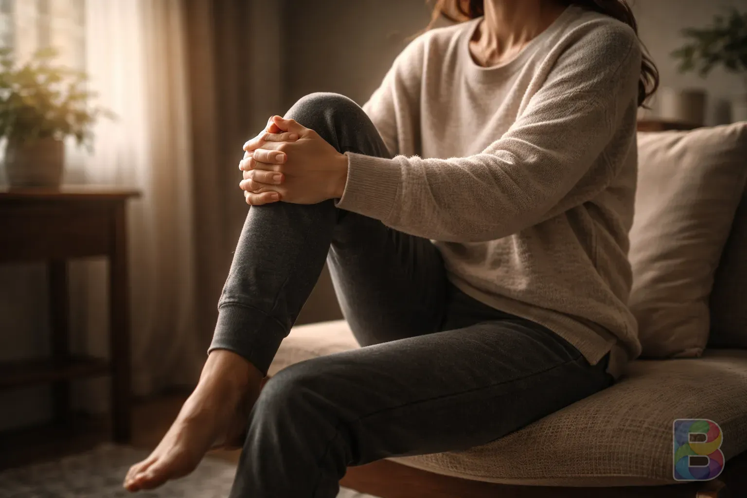 photorealistic, a person sitting on a chair doing light stretching exercises, soft focus background, calm and healthy atmosphere, cinematic lighting