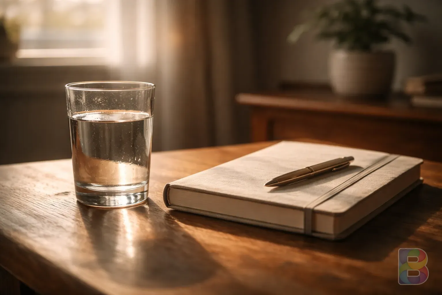 photorealistic, a close-up of a glass of water and a diary on a wooden table, soft morning sun, cinematic lighting, peaceful mood
