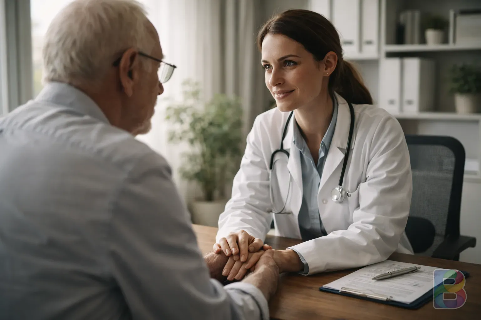 photorealistic, a professional doctor consulting with an elderly patient in a bright modern office, reassuring and detailed, cinematic lighting