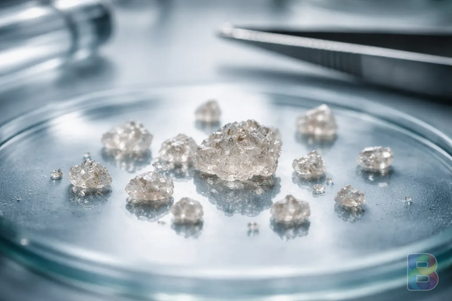photorealistic, macro shot of small crystalline stones on a clinical glass surface, professional medical lighting, high detail, sharp focus