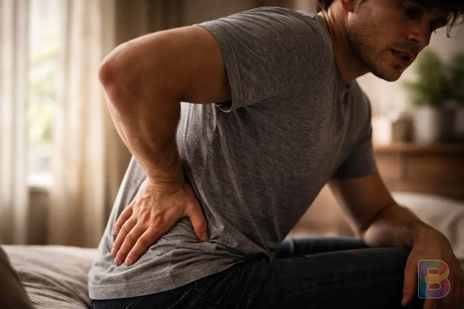 photorealistic, detail shot of a person sitting on a chair looking concerned, hand on lower back, soft natural light through a window, cinematic mood