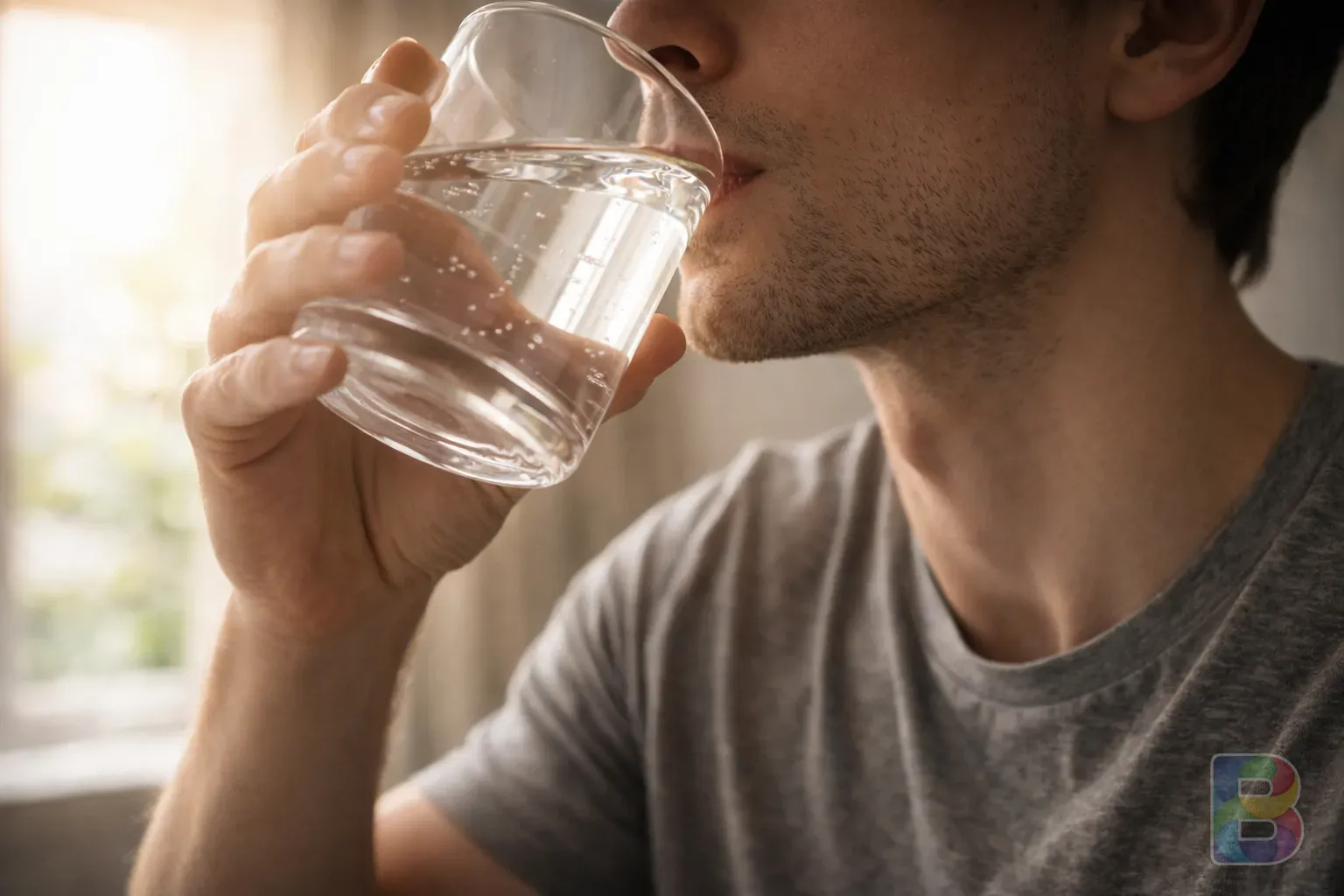 photorealistic, close-up of a person drinking a glass of water, focused on the water and the throat, bright refreshing morning light, high detail