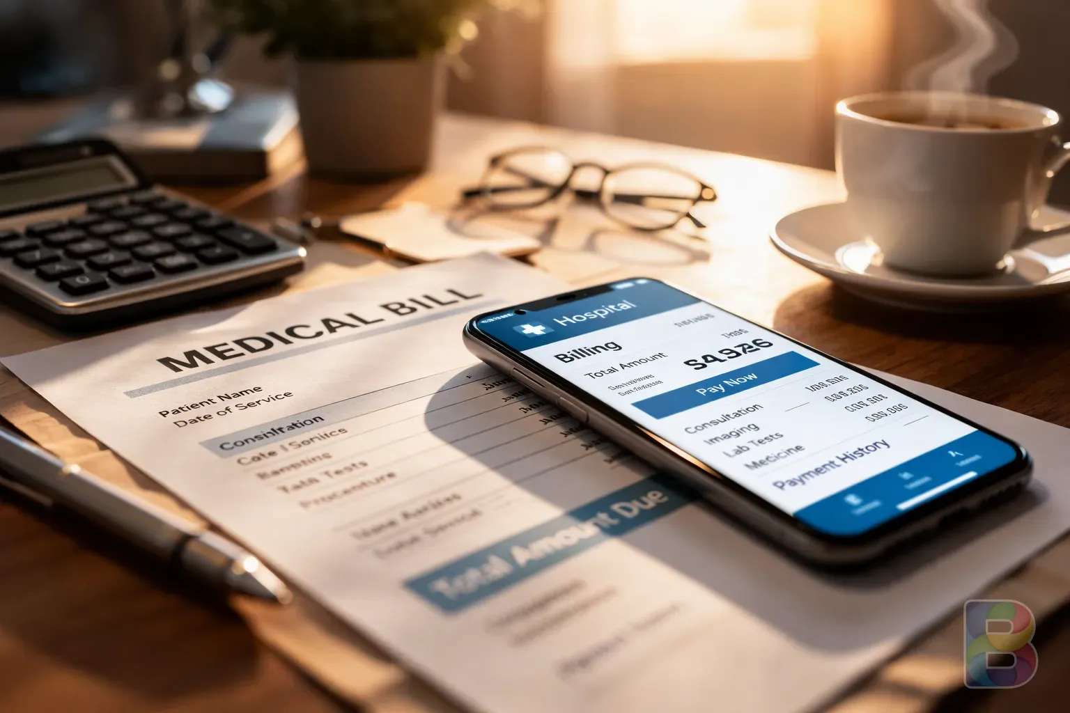 photorealistic, focus on a medical bill and a smartphone showing a hospital app, clean desk background, professional and organized mood