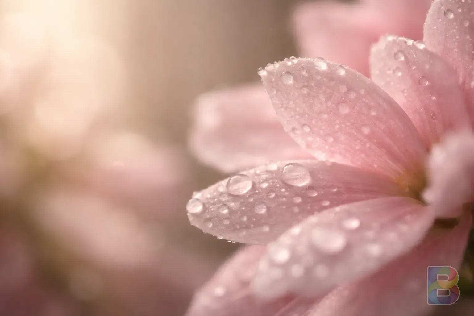 photorealistic, macro shot of delicate pink petals with tiny dew drops, soft focused background, clean and medical but warm mood, cinematic lighting