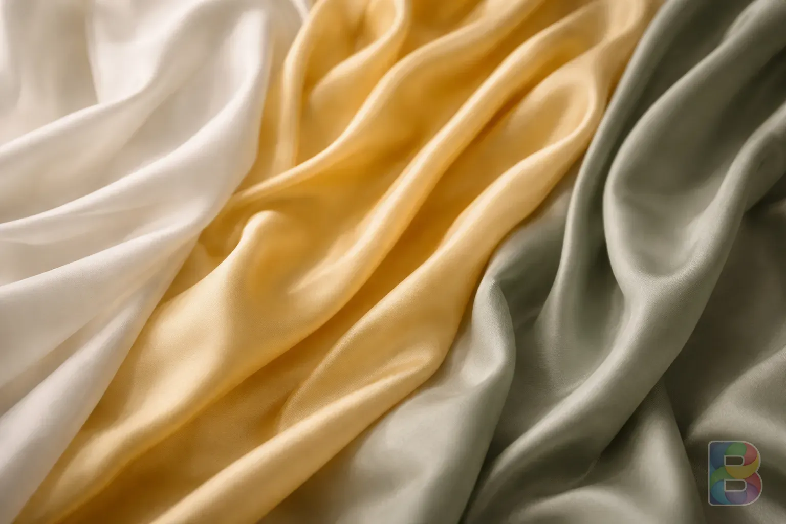 photorealistic, three different colored silk fabrics (white, yellow, greyish green) draped elegantly, representing different symptoms, soft lighting, high detail
