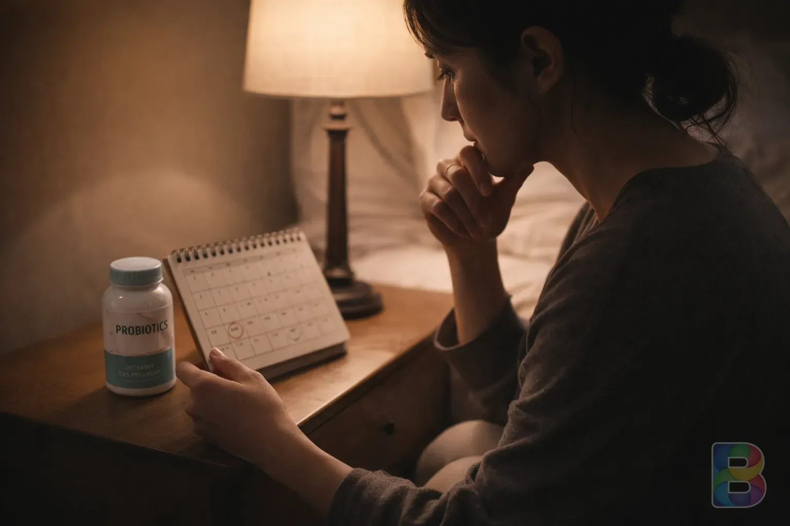 photorealistic, a person looking at a calendar and a bottle of probiotics on a bedside table, thoughtful expression, warm soft lighting, cinematic style