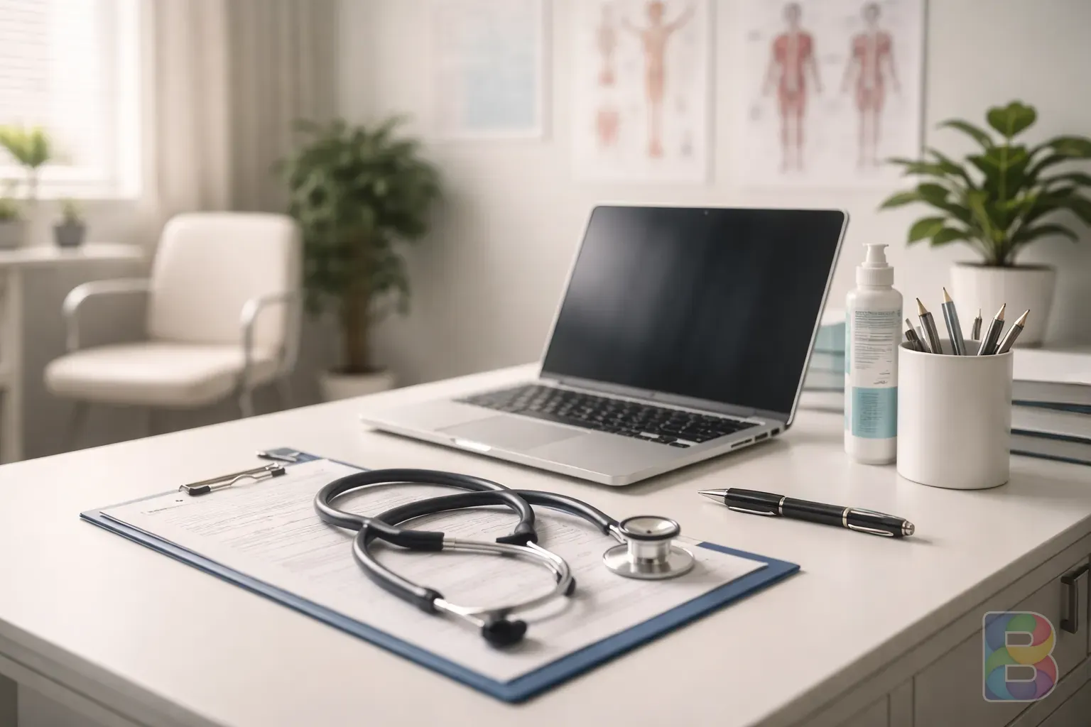 photorealistic, a modern medical consultation room, a doctor's desk with a stethoscope and a laptop, professional and reassuring atmosphere, soft clinical lighting